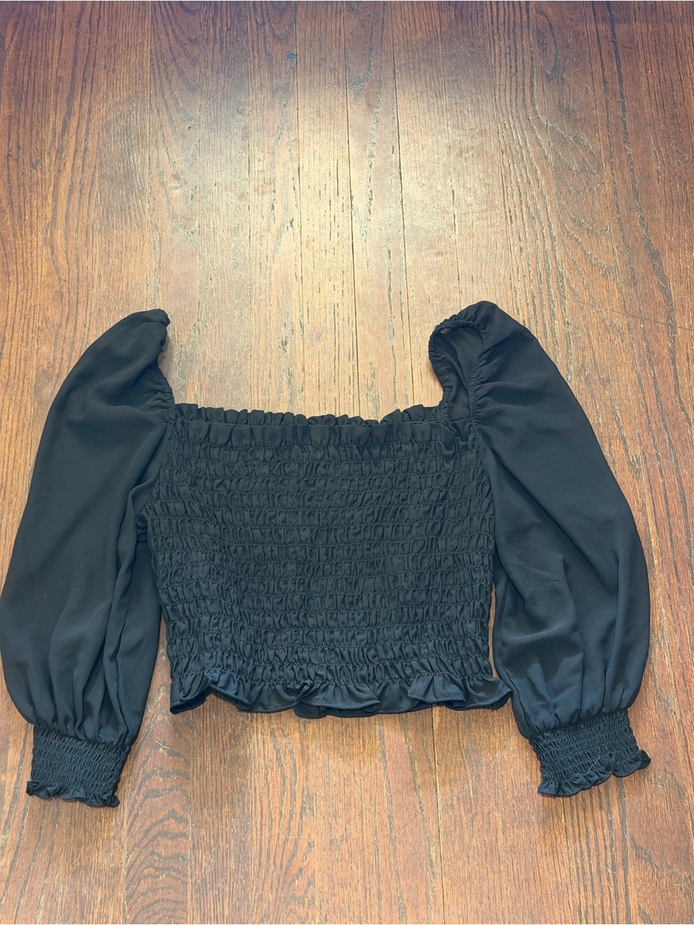H&M Black Smocked Puff Sleeve Blouse